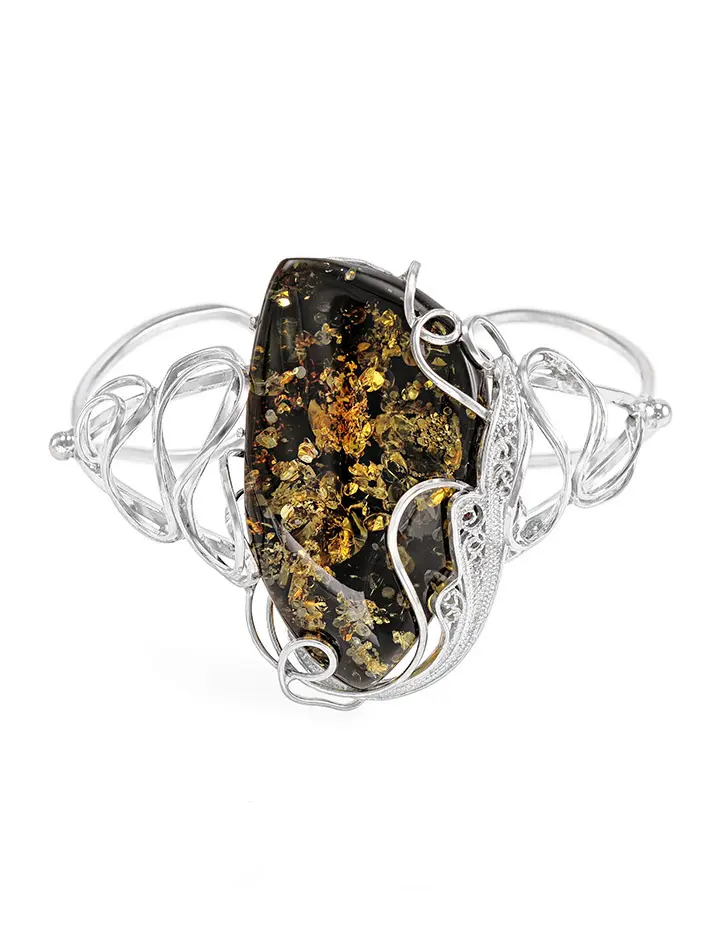 картинка Роскошный филигранный серебряный браслет с цельным янтарём «Крылышко» в онлайн магазине