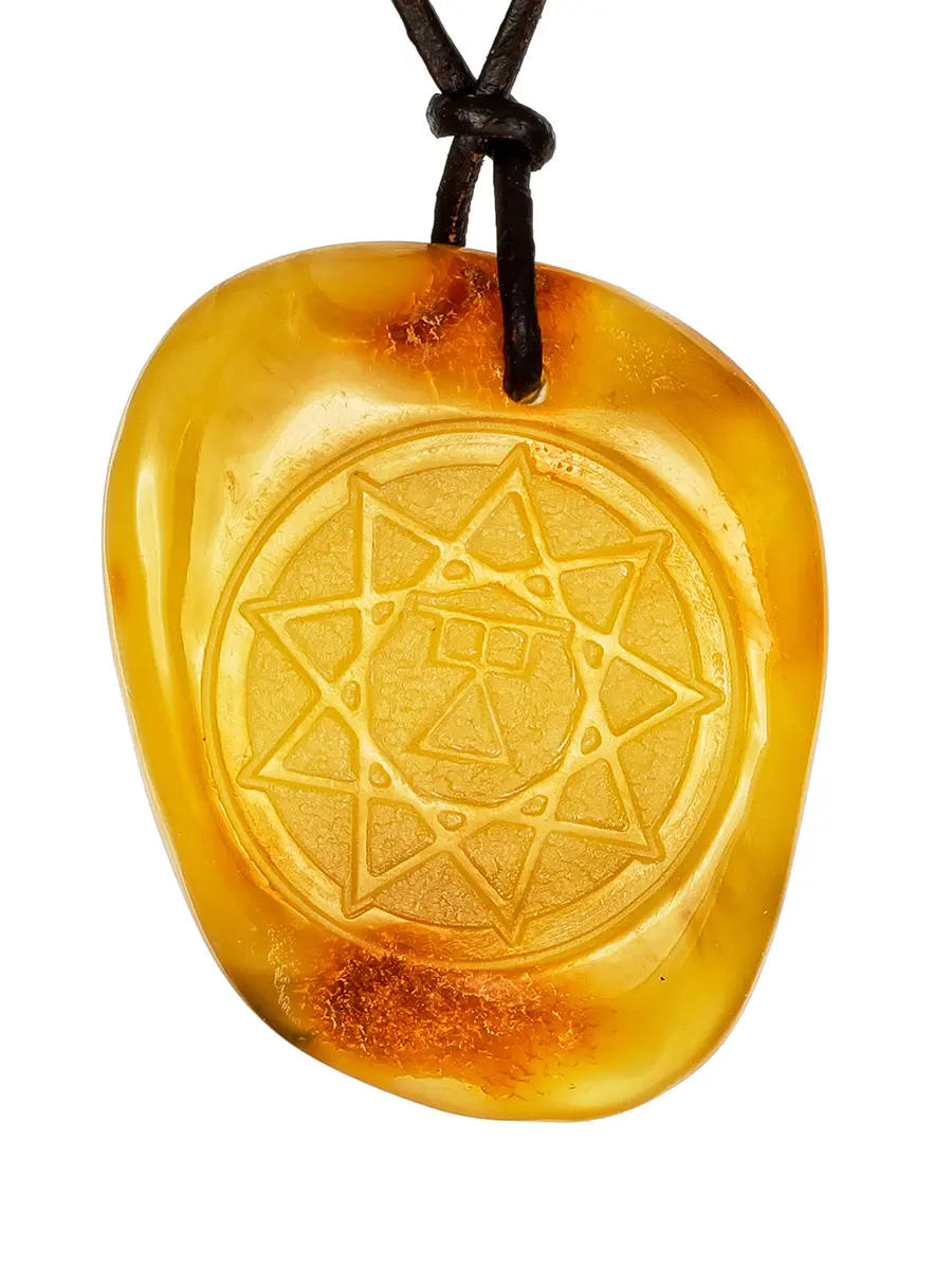 картинка Подвеска из натурального медового янтаря с резьбой «Чертог Девы» в онлайн магазине
