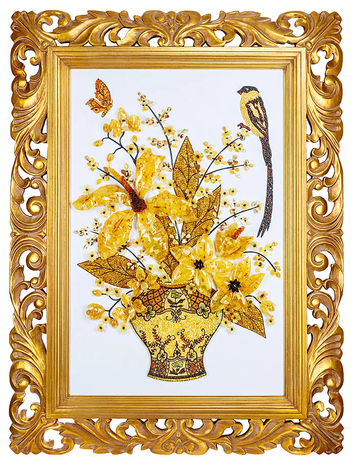 картинка Эксклюзивная картина из натурального балтийского янтаря на белом бархате «Райская птица» в онлайн магазине