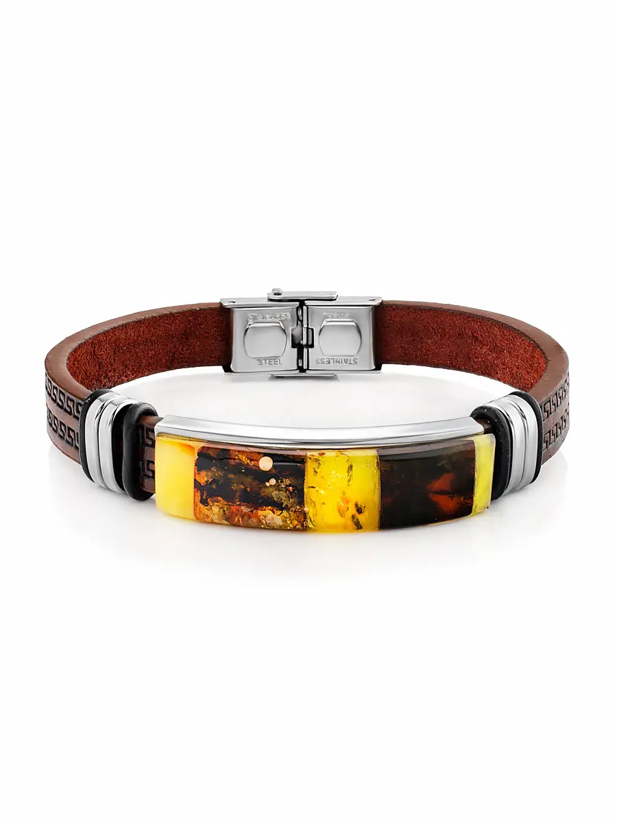 картинка Стильный мужской браслет из коричневой кожи и натурального янтаря «Сильверстоун» в онлайн магазине