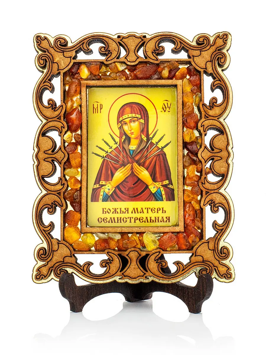 картинка Икона Богоматери «Семистрельная» в резной деревянной оправе с магнитом, украшенная янтарём в онлайн магазине