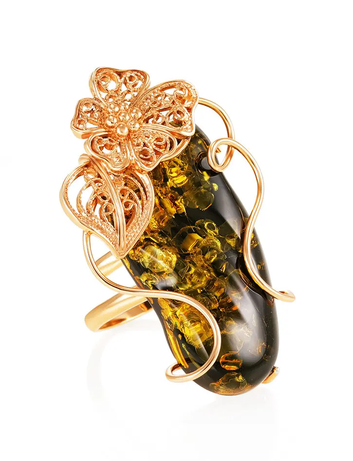 картинка Янтарное кольцо в позолоченной скани «Филигрань» в онлайн магазине