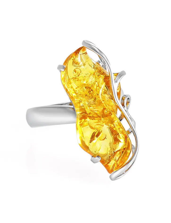 картинка Сверкающее кольцо из серебра с натуральным янтарём золотисто-лимонного цвета «Риальто» в онлайн магазине