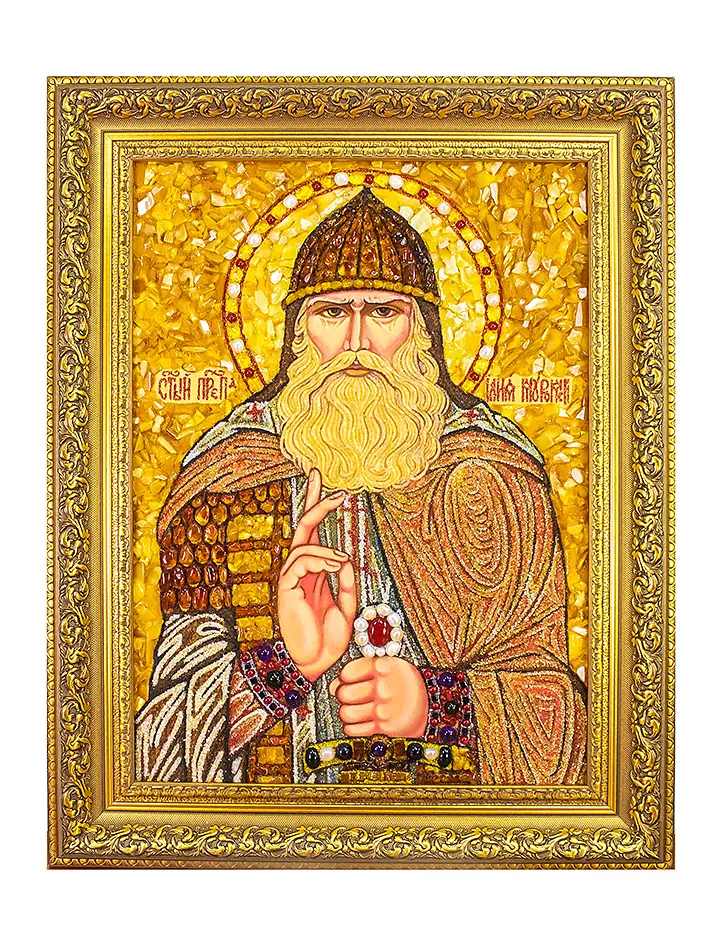 картинка Икона из янтаря с жемчугом «Преподобный Илия Муромец» в онлайн магазине
