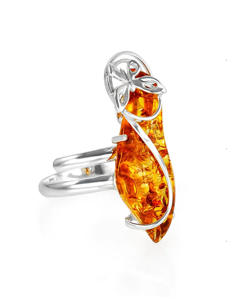 картинка Изящное серебряное кольцо с натуральным золотистым искрящимся янтарем «Сан Марко» в онлайн магазине