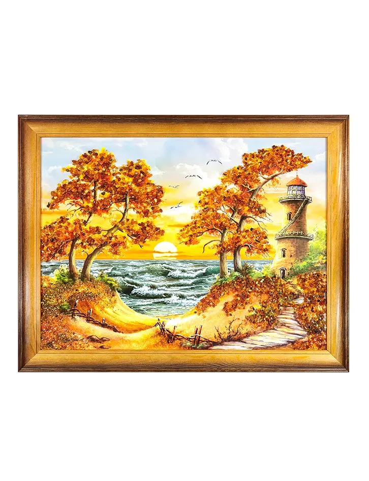 картинка Горизонтальное панно с натуральным янтарем «Сосны на берегу моря» в онлайн магазине