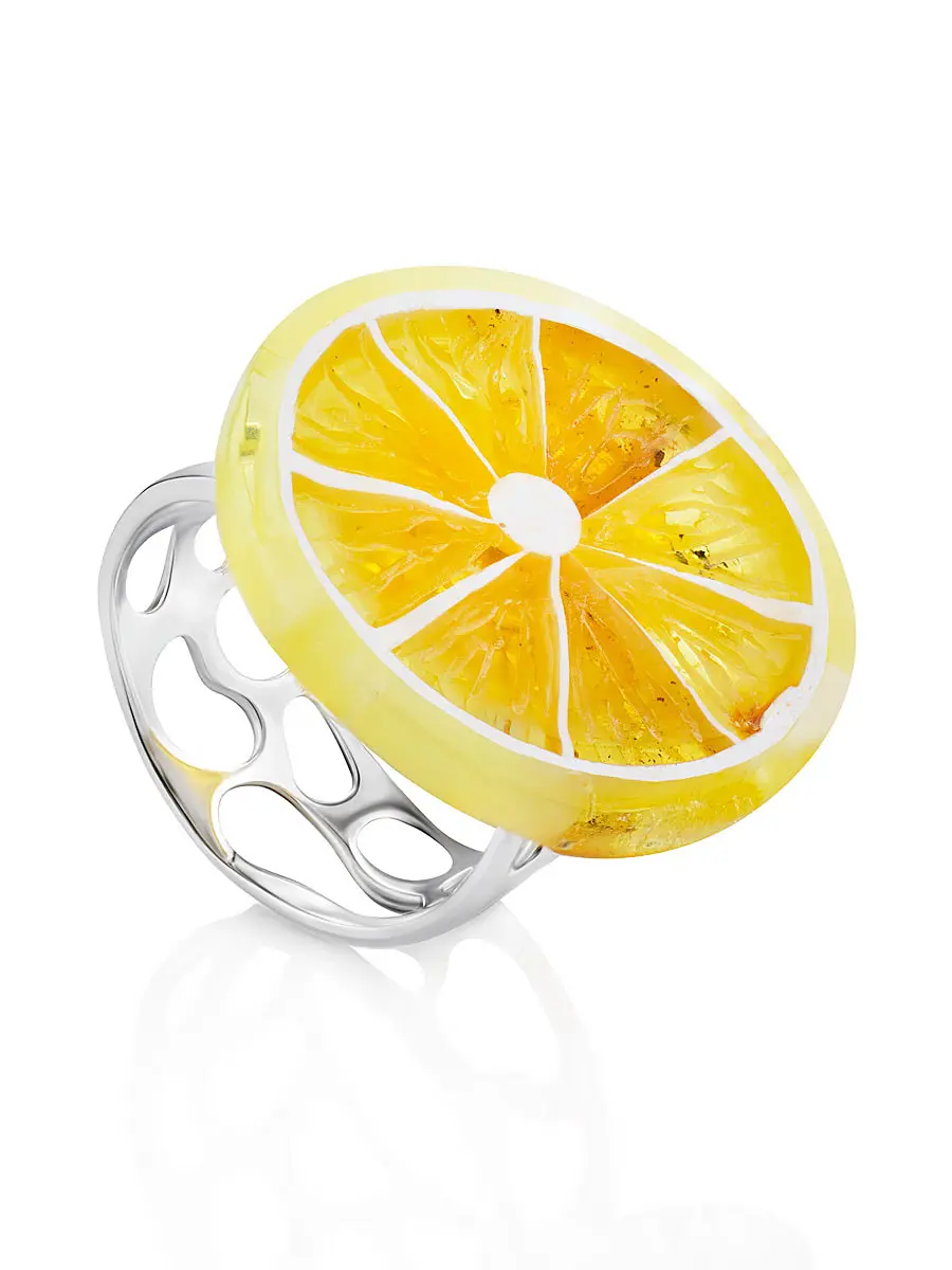 картинка Кольцо «Апельсин» из натурального балтийского янтаря с широким ажурным ободом в онлайн магазине