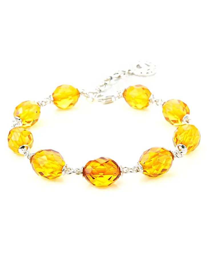 картинка Яркий нарядный браслет из серебра и натурального янтаря «Карамель алмазная» в онлайн магазине