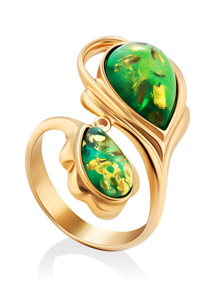 картинка Яркое эффектное кольцо «Павлин» из позолоченного серебря и янтаря зелёного цвета в онлайн магазине