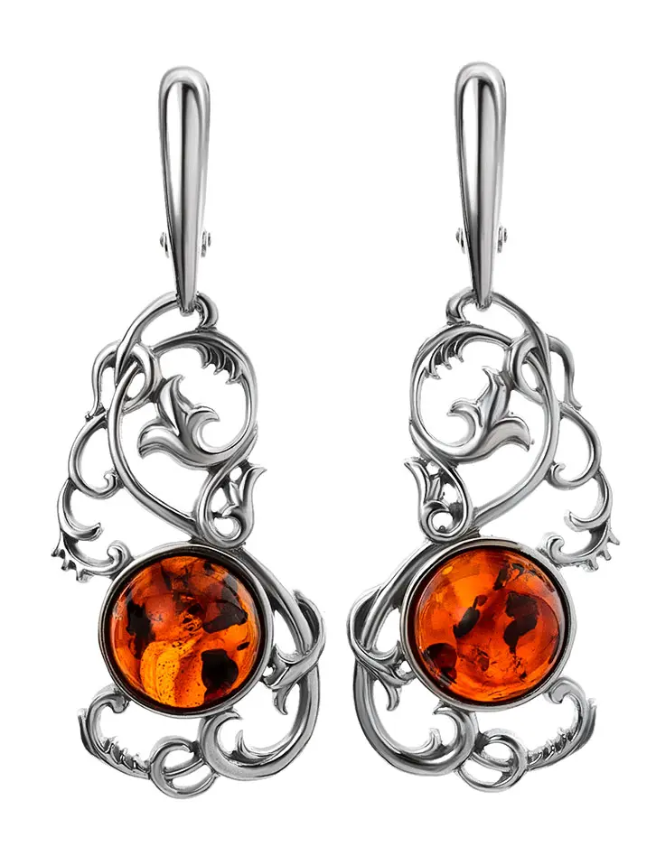 картинка Ажурные серьги из серебра с янтарём вишнёвого цвета «Кордова» в онлайн магазине