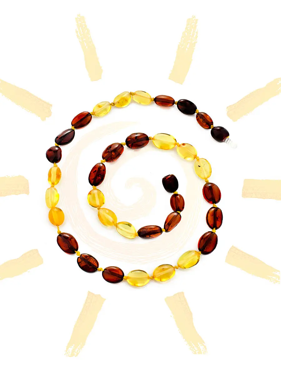 картинка Короткие детские янтарные бусы «Мелкая оливка» золотисто-лимонного и вишневого цвета в онлайн магазине
