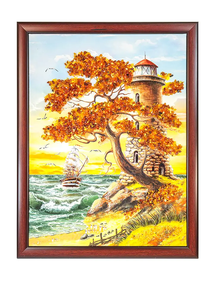 картинка «Маяк у старой сосны». Вертикальная картина с россыпью натурального балтийского янтаря в онлайн магазине