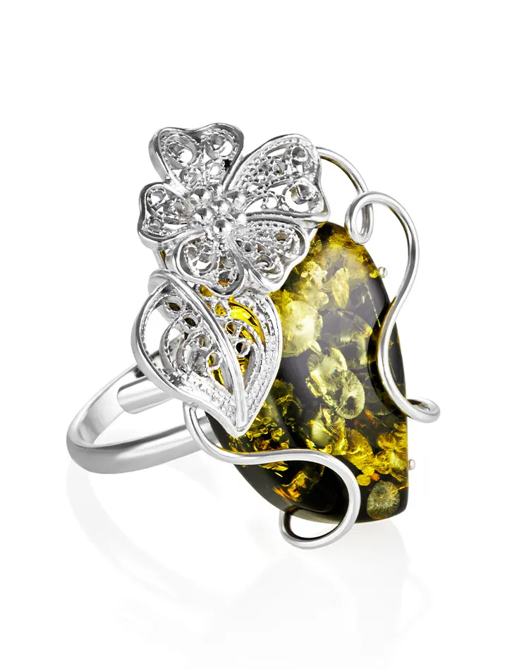 картинка Крупное серебряное кольцо с натуральным тёмно-зелёным янтарём «Филигрань» в онлайн магазине