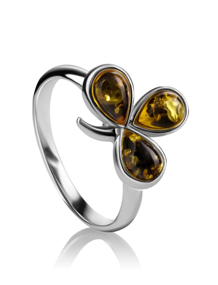 картинка Нежное кольцо «Кипарис» из серебра и натурального янтаря зелёного цвета в онлайн магазине