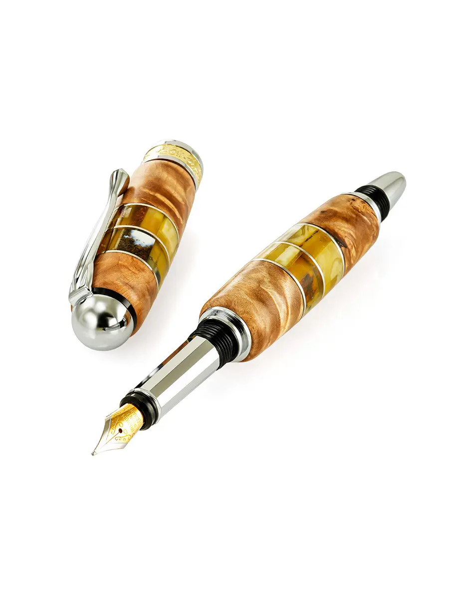 картинка Чернильная ручка из древесины карельской берёзы и натурального янтаря «Индонезия» в онлайн магазине