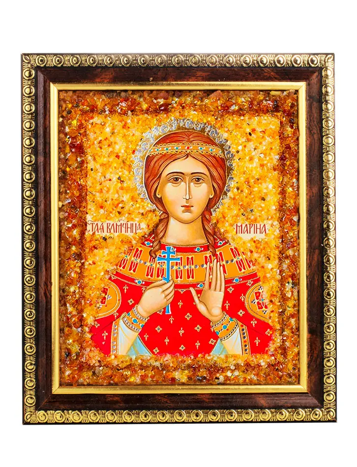 картинка Именная икона, украшенная натуральным янтарём «Святая великомученица Марина» в онлайн магазине