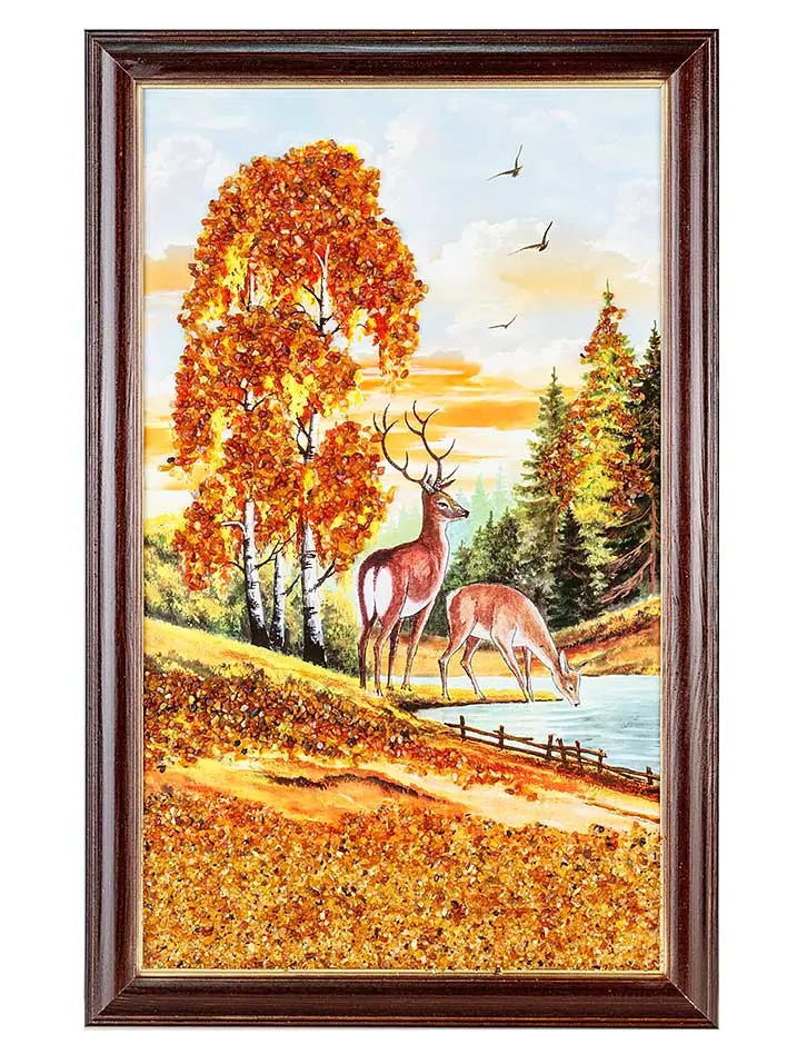 картинка Картина украшенная натуральным балтийским янтарём «Олени на водопое» в онлайн магазине