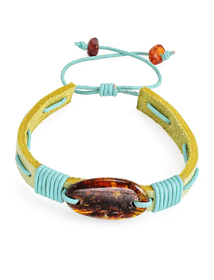 картинка Яркий браслет из разноцветной кожи с цельным кусочком натурального янтаря «Копакабана» в онлайн магазине