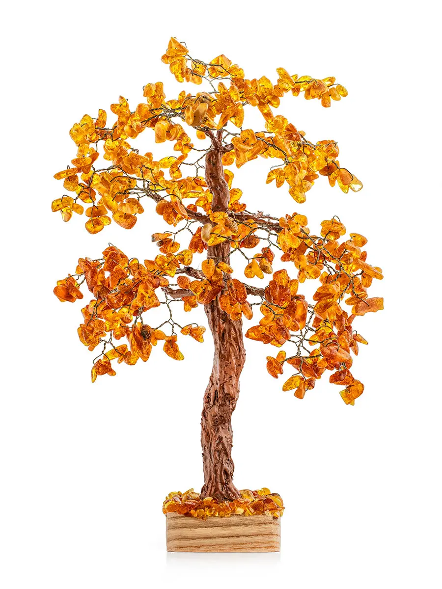 картинка Денежное дерево из натурального янтаря на деревянной подставке в онлайн магазине