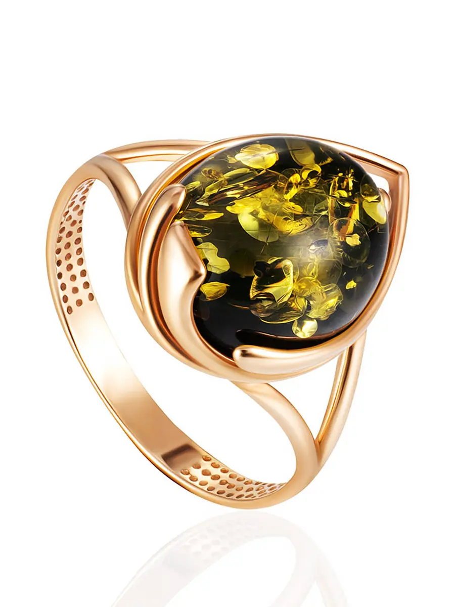 картинка Изящное позолоченное кольцо с зелёным янтарём «Селена» в онлайн магазине