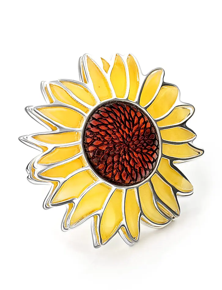 картинка Эффектное крупное кольцо из серебра и янтаря «Апрель» в онлайн магазине