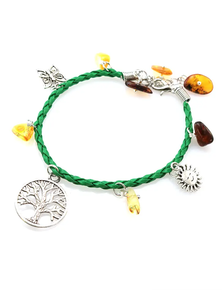 картинка Яркий браслет зелёного цвета с натуральным янтарём «Летний полдень» в онлайн магазине