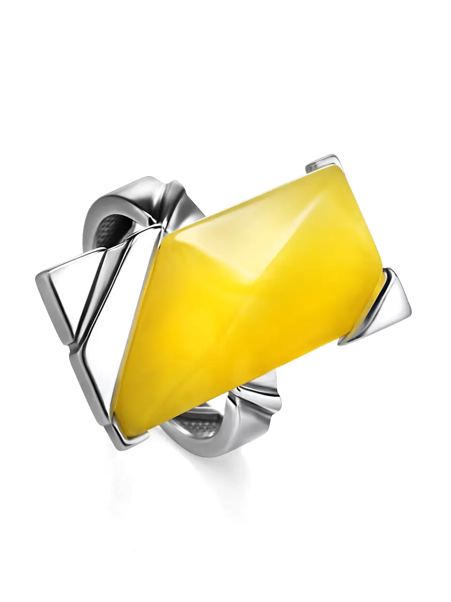 картинка Стильное кольцо «Генезис» в хайтек дизайне из серебра и медового янтаря в онлайн магазине