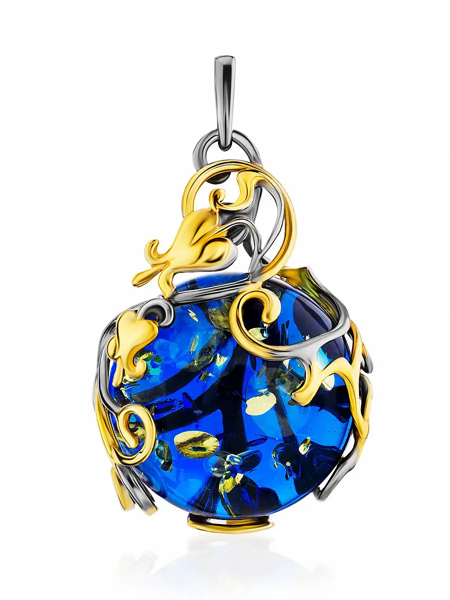 картинка Эффектный кулон из ярко-синего янтаря в позолоченном серебре «Версаль» в онлайн магазине