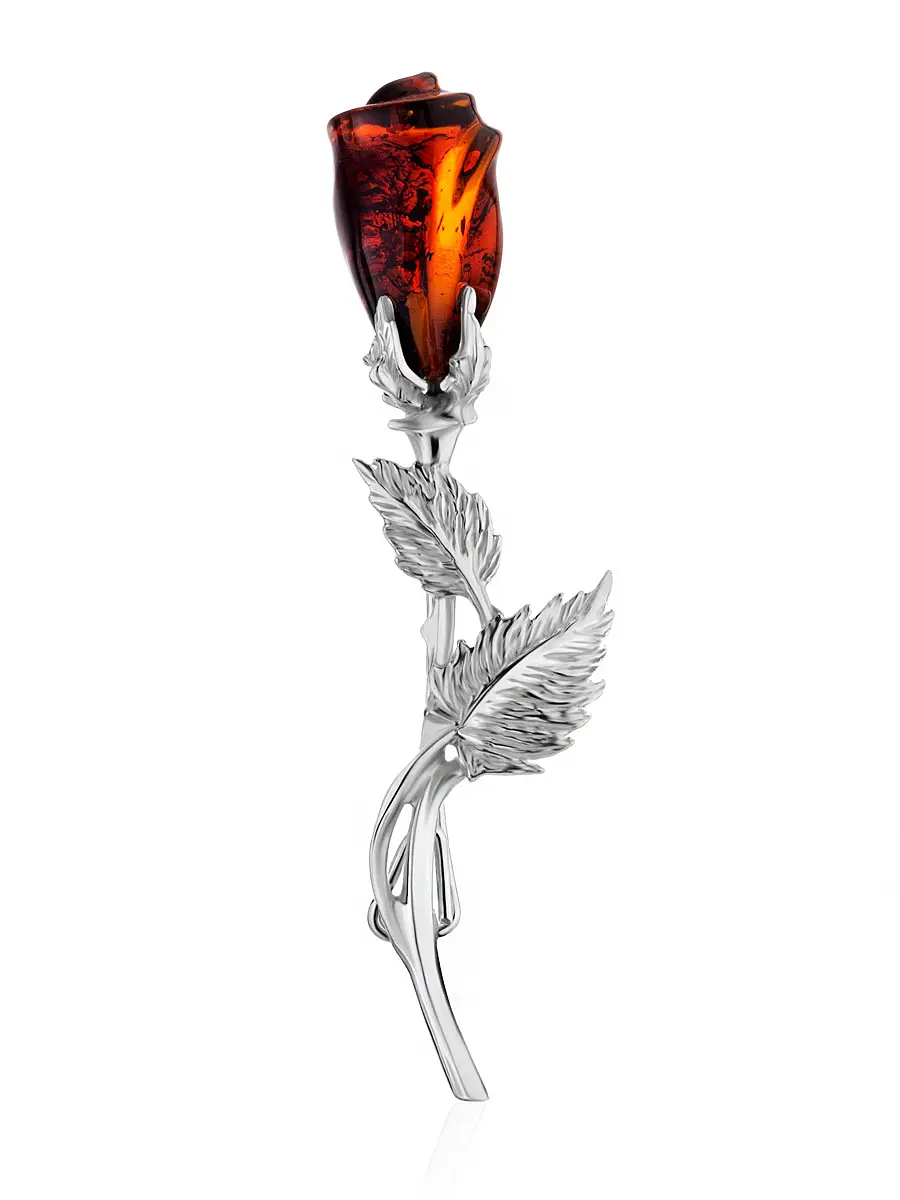 картинка Изящная брошь из янтаря вишневого цвета «Роза» в онлайн магазине