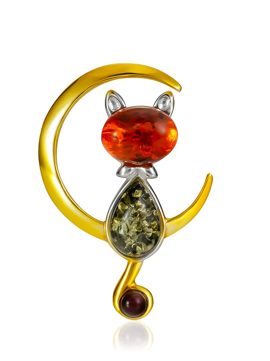 картинка Оригинальная брошь с золочением, украшенная янтарём разных оттенков «Колыбельная» в онлайн магазине