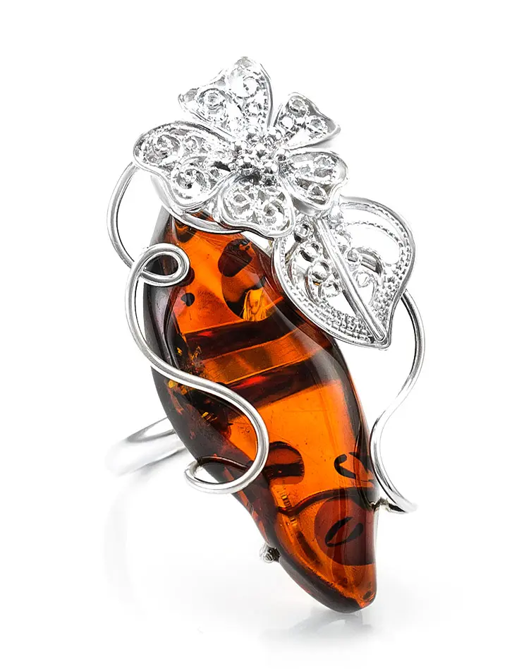 картинка Кольцо с крупной вставкой из натурального янтаря насыщенного вишневого цвета «Филигрань» в онлайн магазине