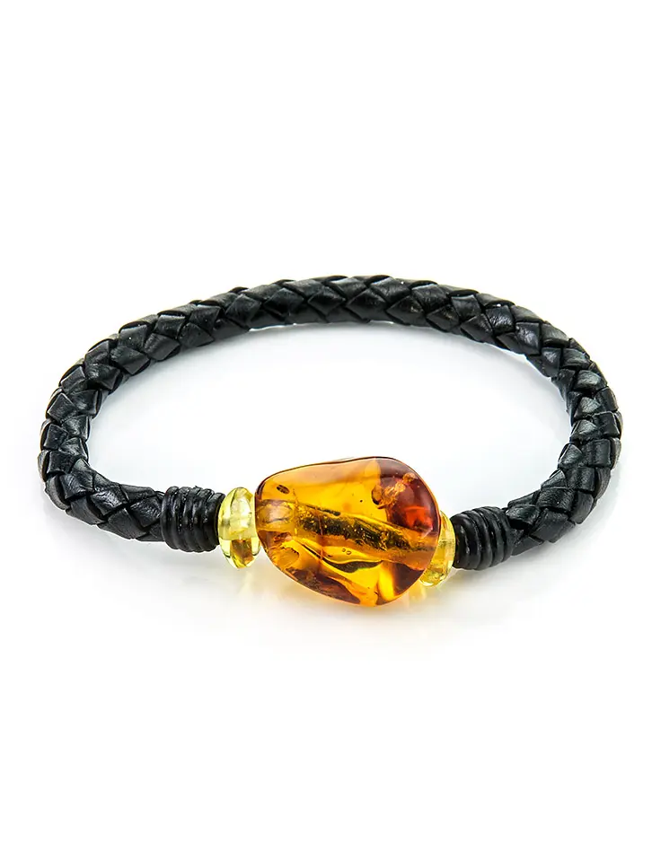 картинка Стильный браслет из кожи, украшенный натуральным янтарём в онлайн магазине