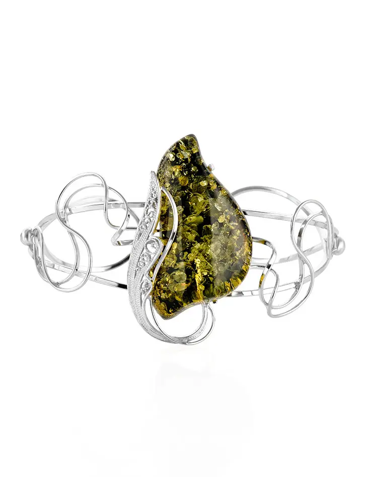 картинка Филигранный серебряный браслет с крупным натуральным сверкающим зеленым янтарем «Крылышко» в онлайн магазине