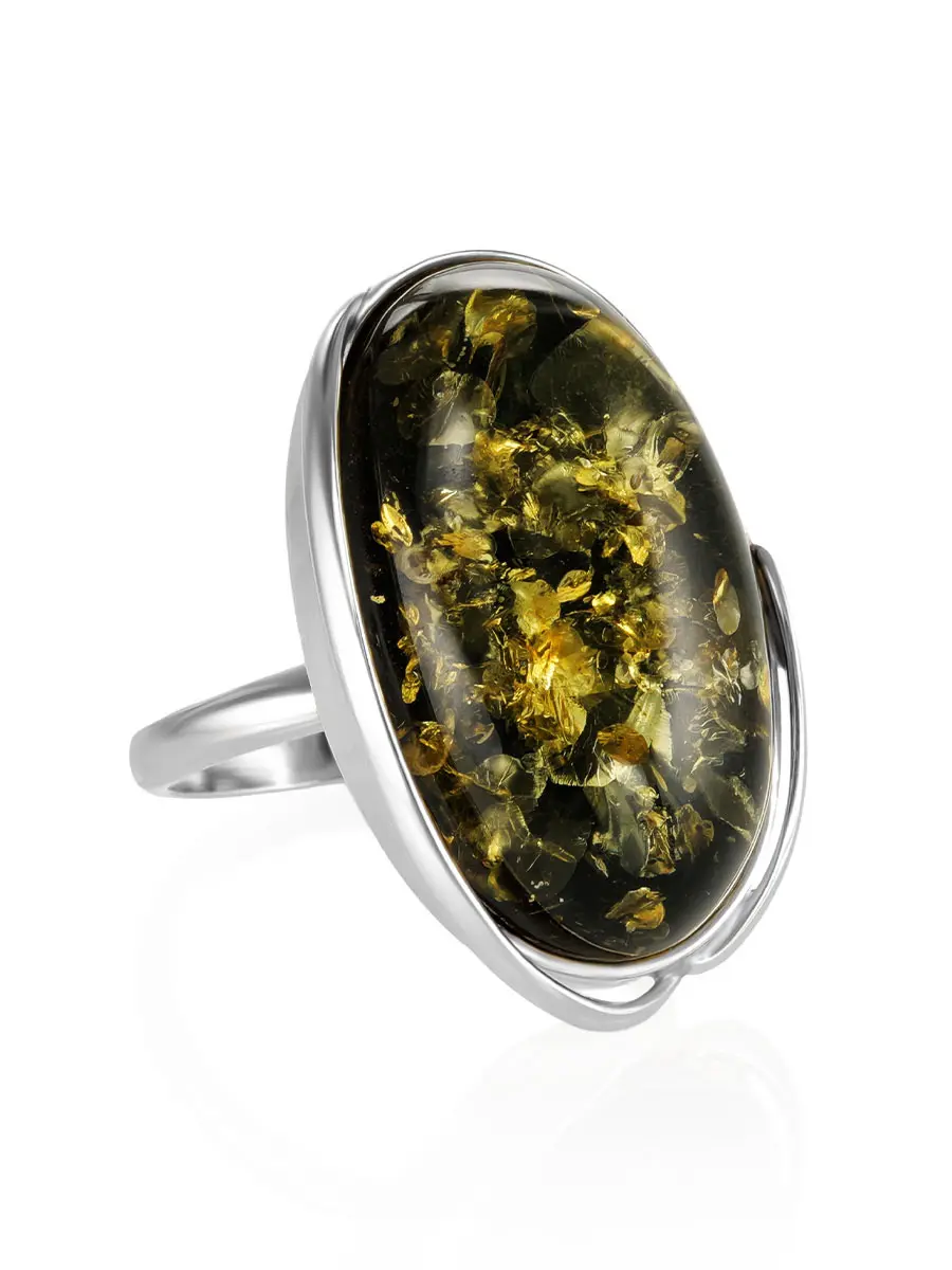 картинка Эффектное кольцо из натурального тёмно-зелёного янтаря «Лагуна» в онлайн магазине