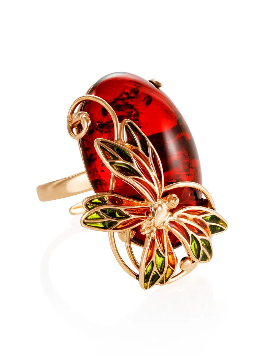картинка Роскошное объёмное кольцо «Апрель» из позолоченного серебра с рубиновым янтарём в онлайн магазине