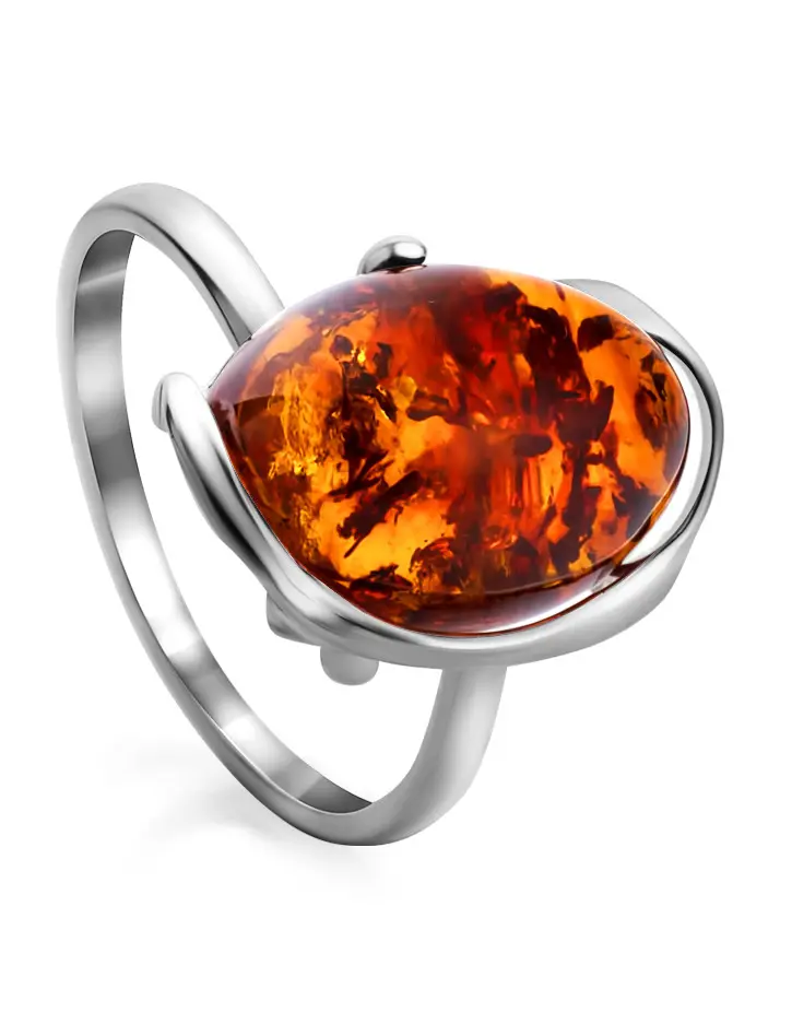 картинка Нежное серебряное кольцо с натуральным искрящимся янтарем насыщенного коньячного оттенка «Вивальди» в онлайн магазине