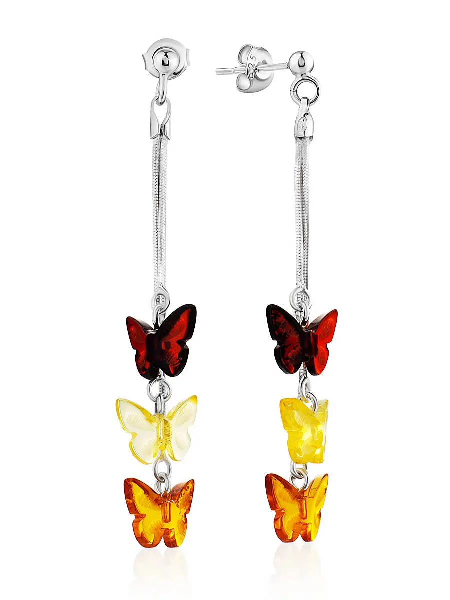 картинка Яркие нарядные серьги из натурального янтаря и серебра «Бабочки на цепочках» из коллекции «Апрель» в онлайн магазине
