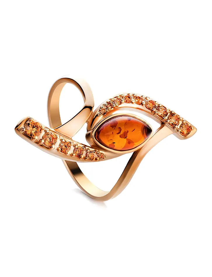 картинка Изящное ажурное кольцо «Ренессанс» из золота с янтарём коньячного цвета в онлайн магазине