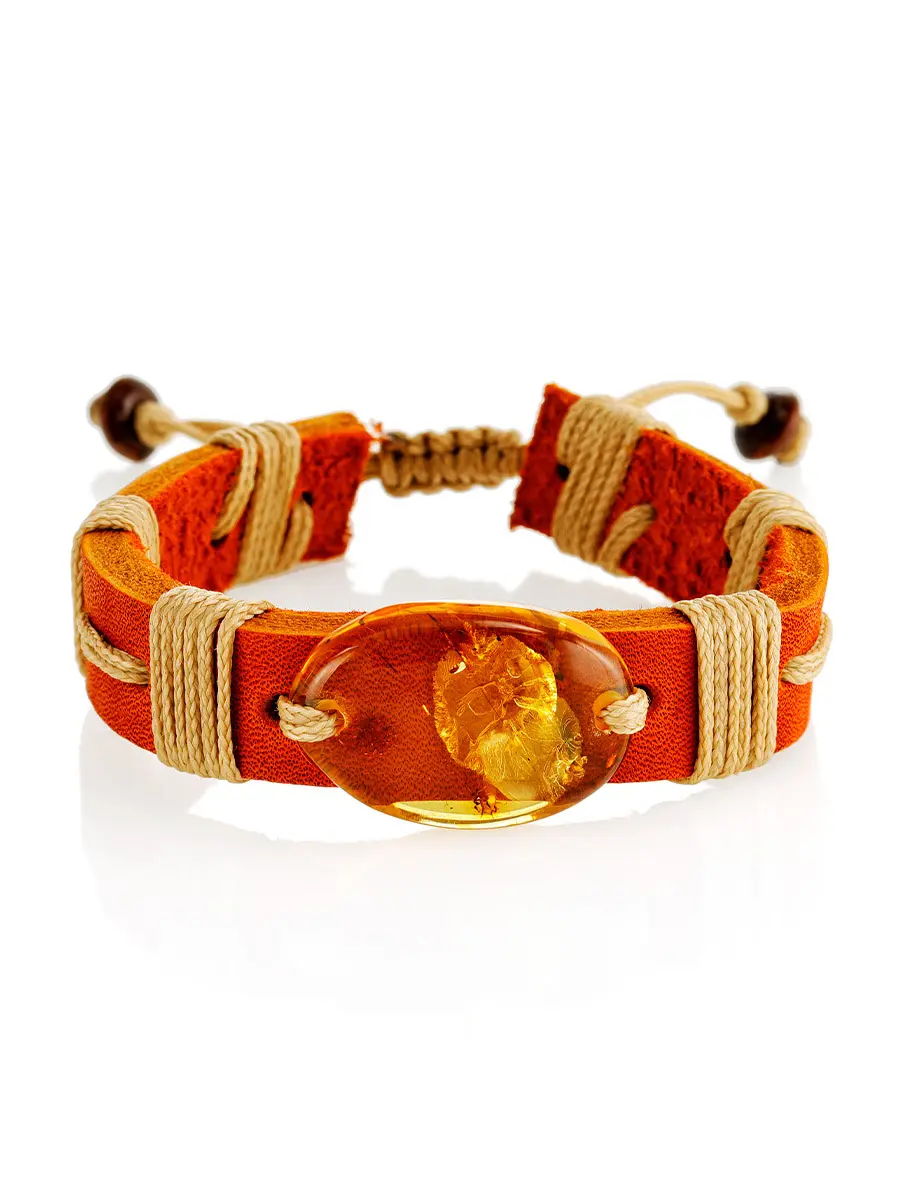 картинка Стильный браслет-унисекс из кожи и натурального янтаря «Копакабана» в онлайн магазине