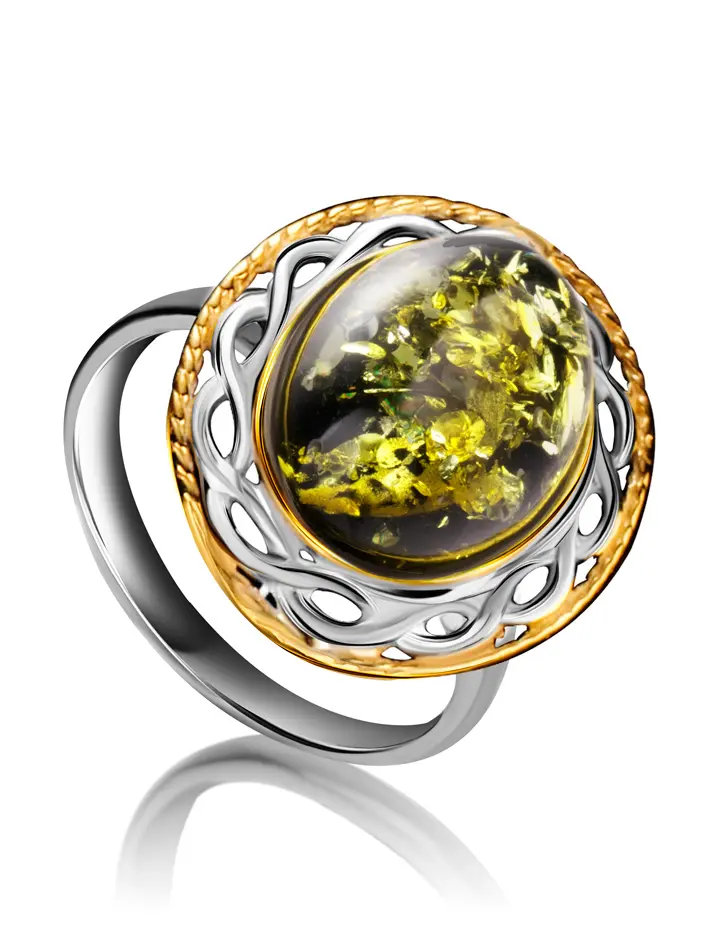 картинка Яркое кольцо из зелёного янтаря в серебре с позолотой «Вавилон» в онлайн магазине