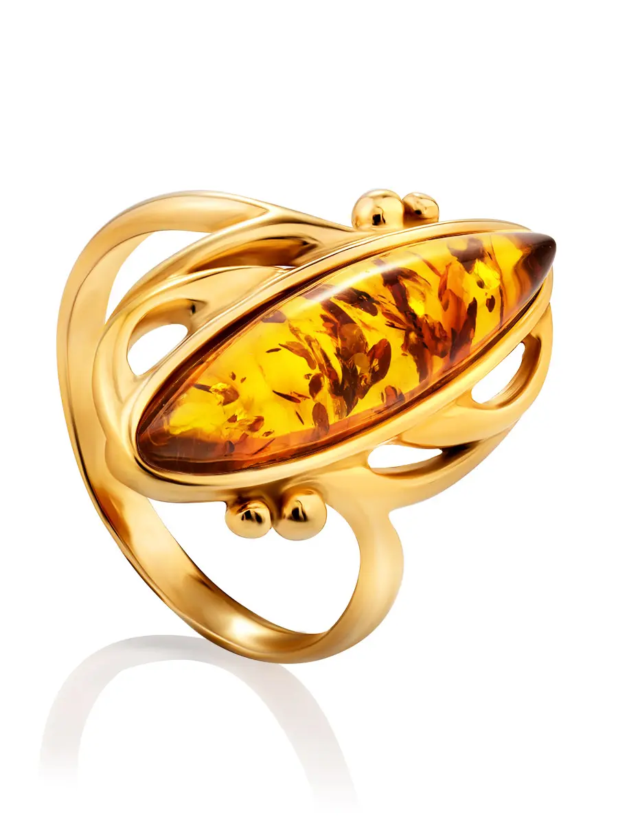 картинка Изящное кольцо из позолоченного серебра и натурального янтаря «Жар Птица» в онлайн магазине