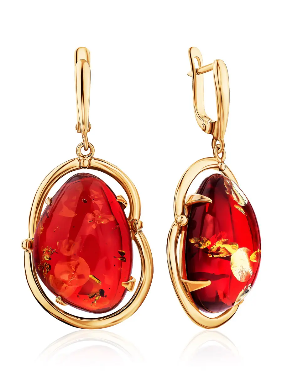 картинка Великолепные серьги «Лагуна» из золочёного серебра и цельного красного янтаря в онлайн магазине