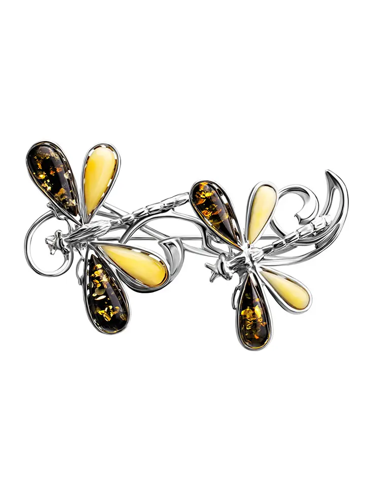 картинка Изящная брошь с натуральным янтарём двух цветов «Стрекоза» в онлайн магазине
