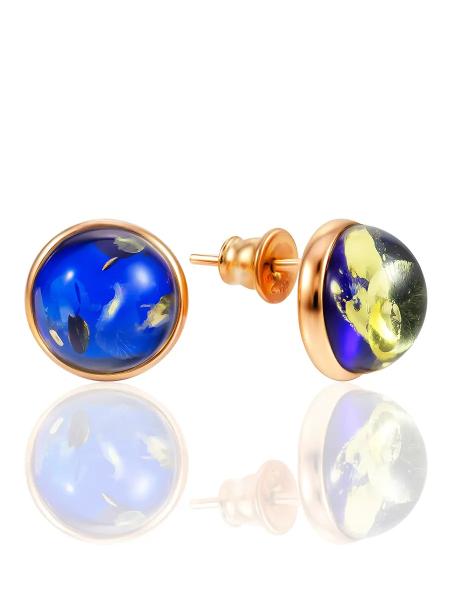 картинка Классические серьги-гвоздики «Сорбонна» с янтарём ярко-синего цвета в онлайн магазине
