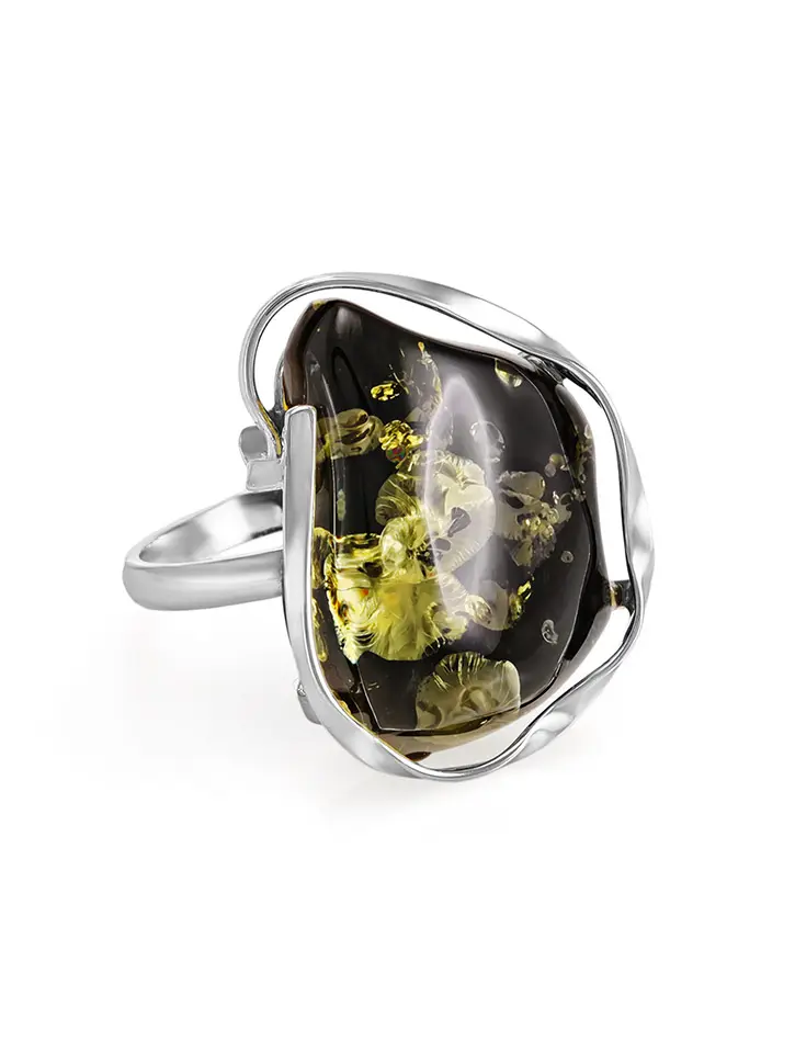 картинка Cеребряное кольцо с натуральным янтарём зелёного цвета «Лагуна» в онлайн магазине