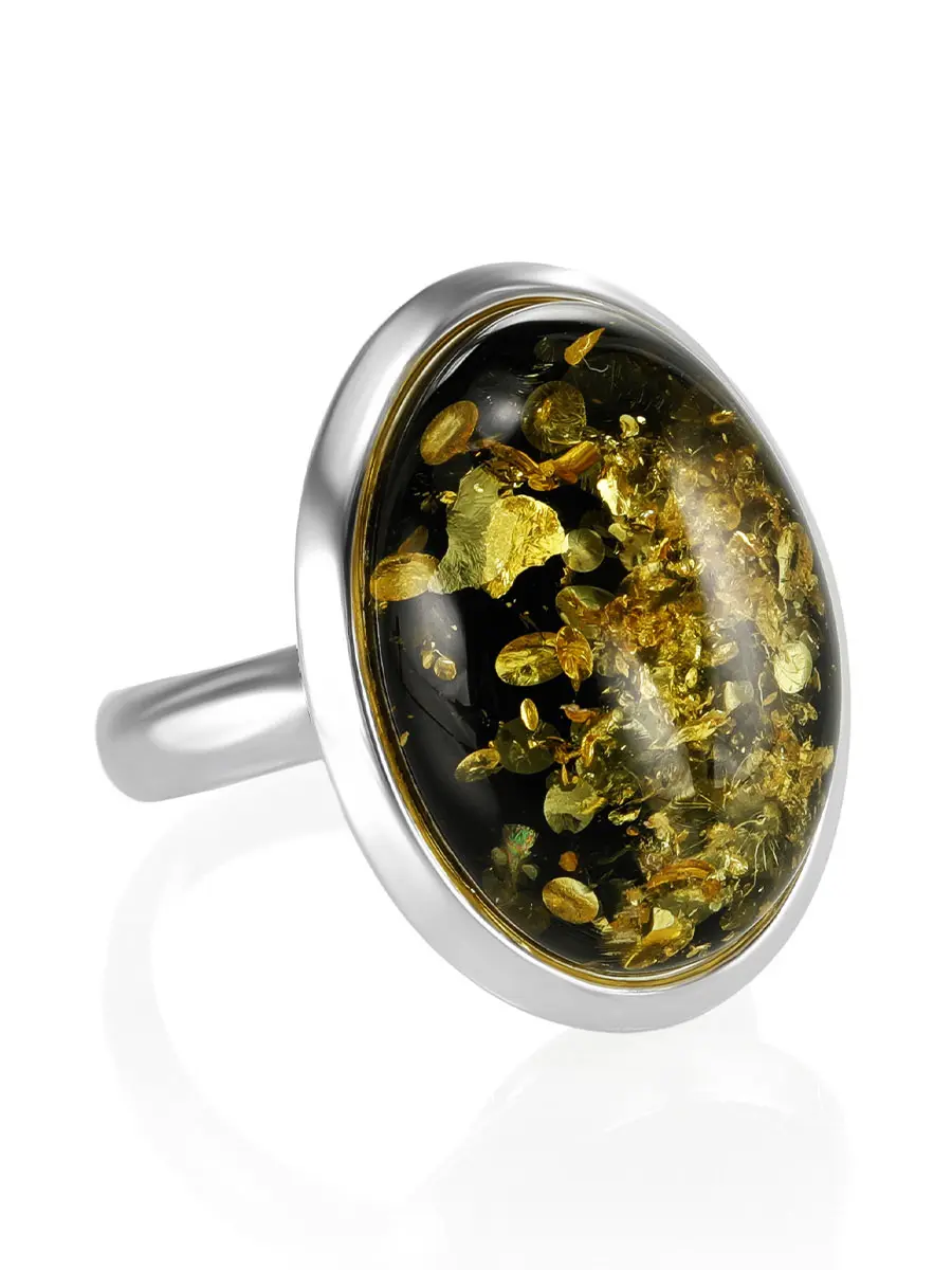 картинка Серебряное кольцо с натуральным янтарём зелёного цвета «Глянец» в онлайн магазине