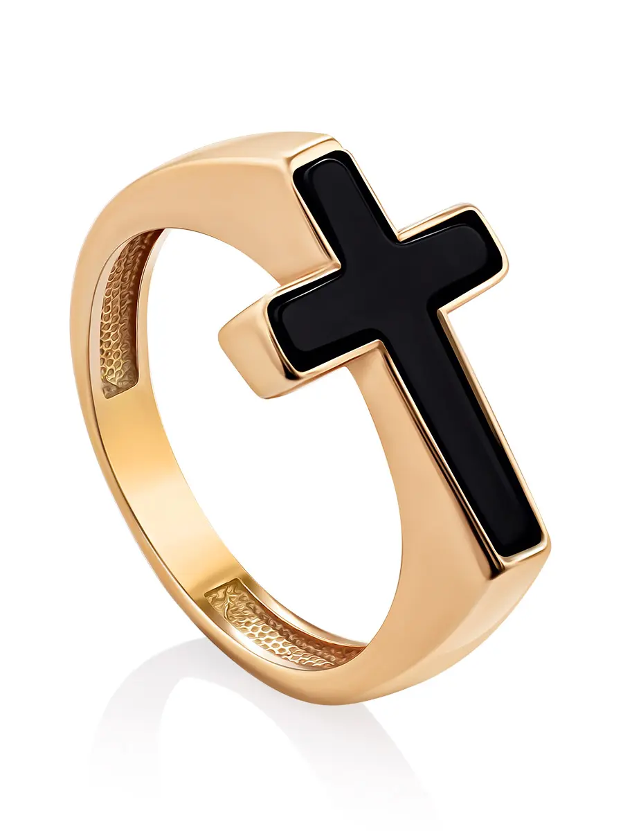 картинка Стильное позолоченное кольцо с крестом из натурального янтаря London в онлайн магазине
