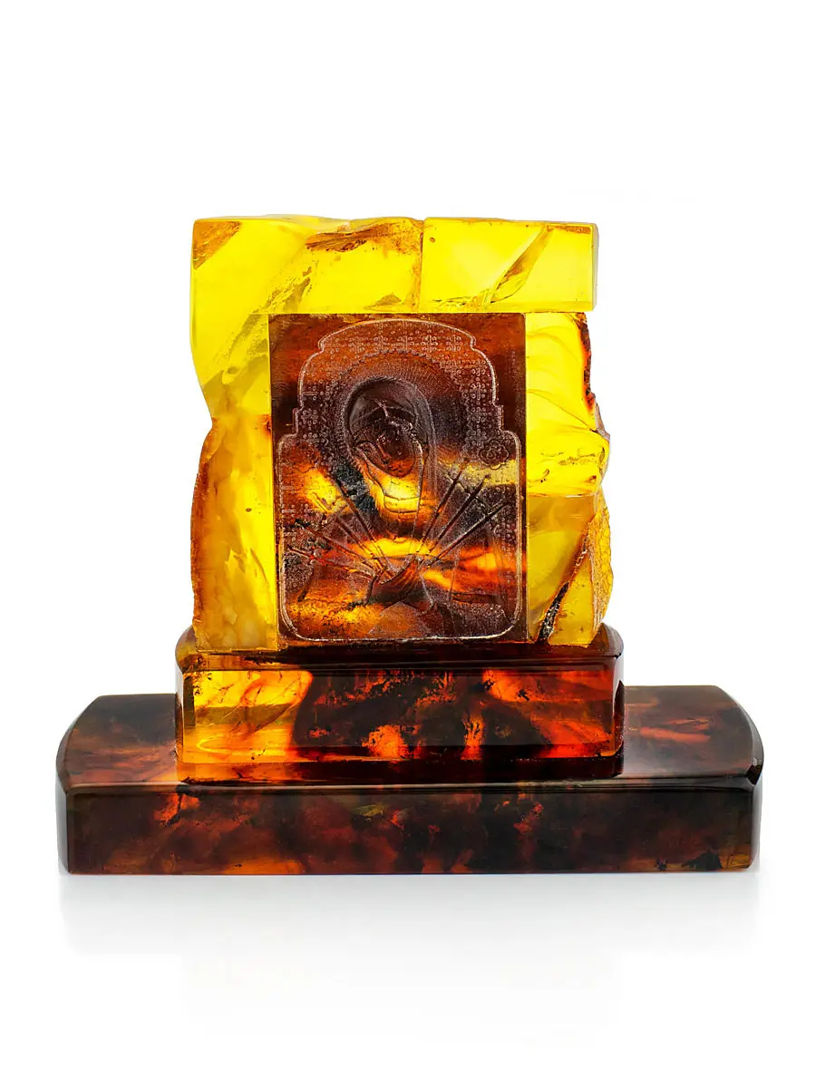 картинка Уникальная резная икона Богоматери из натурального цельного янтаря «Семистрельная» в онлайн магазине