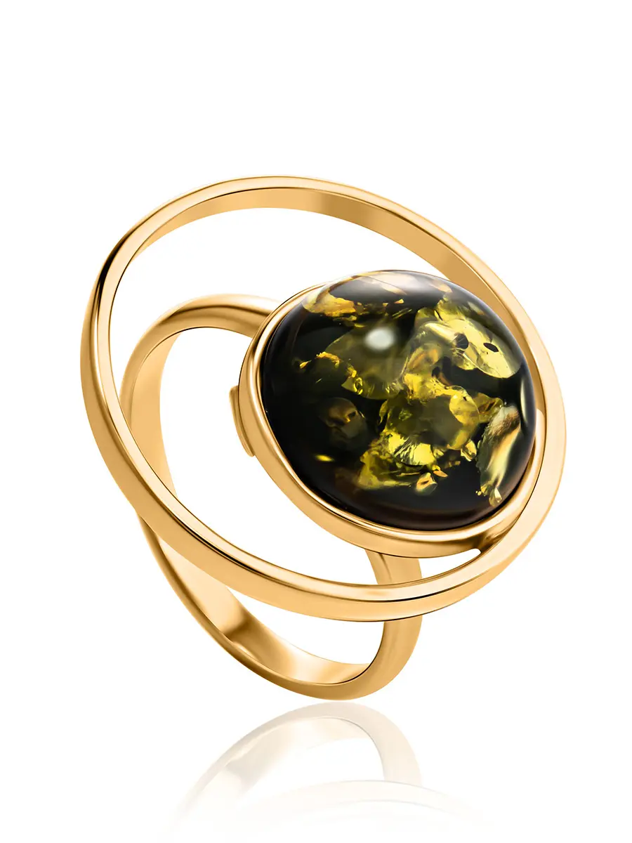 картинка Эффектное кольцо «Юпитер» из серебра в позолоте с зелёным янтарём в онлайн магазине
