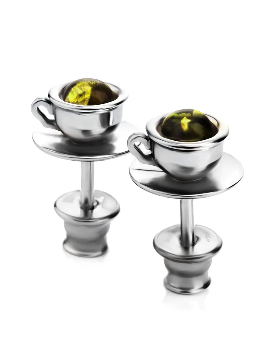 картинка Стильные серьги-гвоздики из серебра и зелёного янтаря Hasta Barista в онлайн магазине